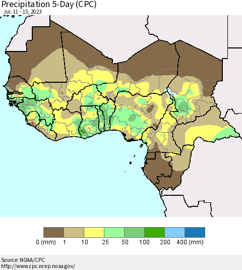 Western Africa Precipitation 5-Day (CPC) Thematic Map For 7/11/2023 - 7/15/2023