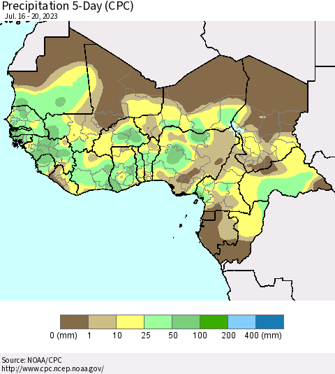 Western Africa Precipitation 5-Day (CPC) Thematic Map For 7/16/2023 - 7/20/2023