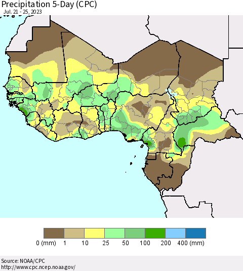 Western Africa Precipitation 5-Day (CPC) Thematic Map For 7/21/2023 - 7/25/2023