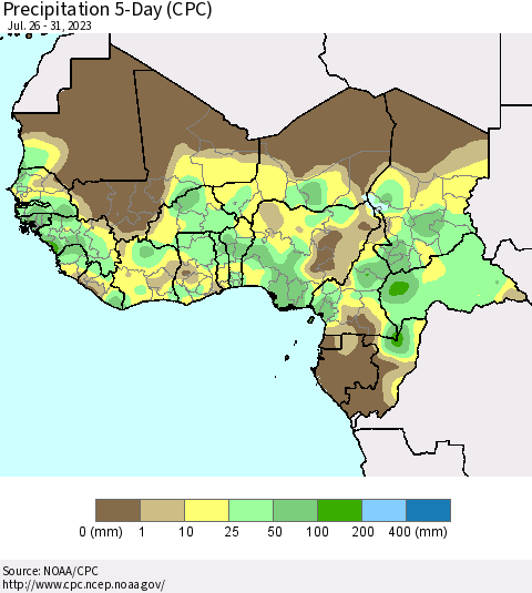 Western Africa Precipitation 5-Day (CPC) Thematic Map For 7/26/2023 - 7/31/2023