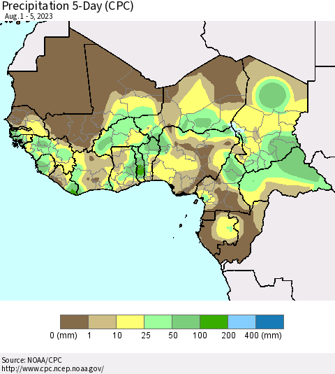 Western Africa Precipitation 5-Day (CPC) Thematic Map For 8/1/2023 - 8/5/2023