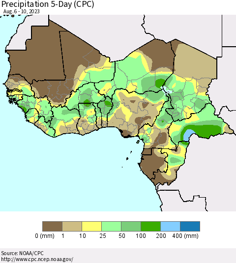 Western Africa Precipitation 5-Day (CPC) Thematic Map For 8/6/2023 - 8/10/2023