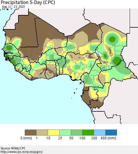 Western Africa Precipitation 5-Day (CPC) Thematic Map For 8/11/2023 - 8/15/2023