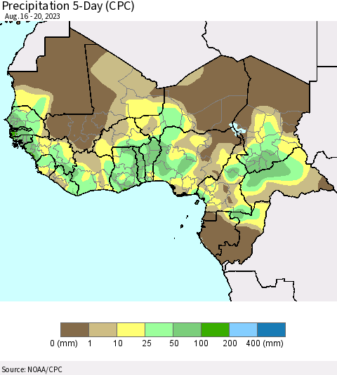 Western Africa Precipitation 5-Day (CPC) Thematic Map For 8/16/2023 - 8/20/2023