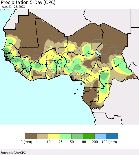 Western Africa Precipitation 5-Day (CPC) Thematic Map For 8/21/2023 - 8/25/2023