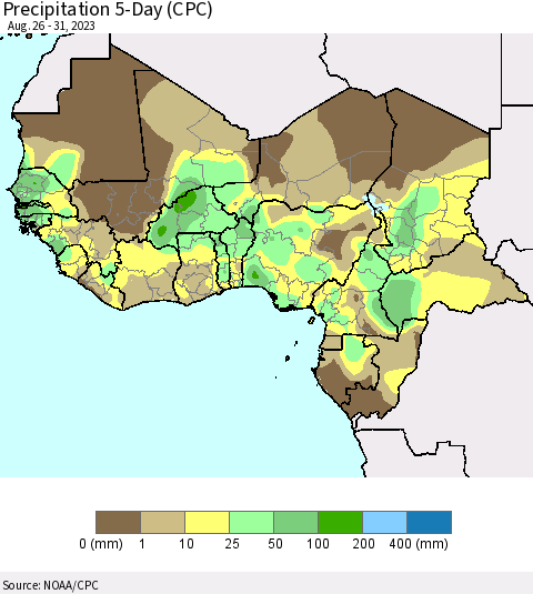 Western Africa Precipitation 5-Day (CPC) Thematic Map For 8/26/2023 - 8/31/2023
