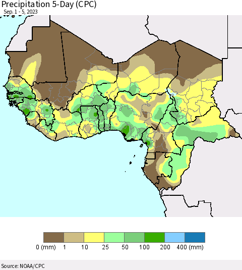 Western Africa Precipitation 5-Day (CPC) Thematic Map For 9/1/2023 - 9/5/2023