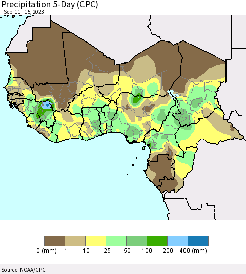 Western Africa Precipitation 5-Day (CPC) Thematic Map For 9/11/2023 - 9/15/2023