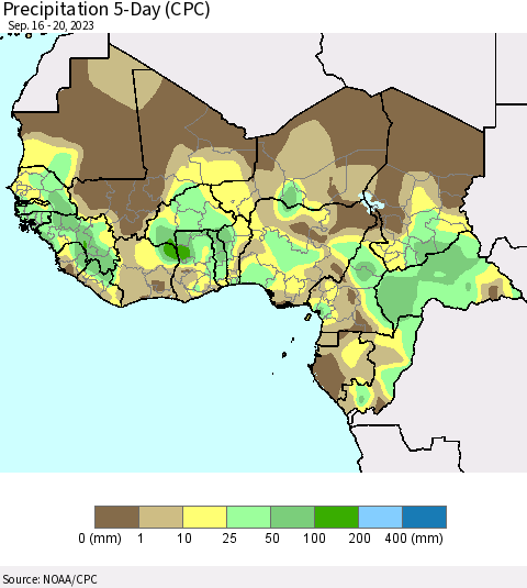 Western Africa Precipitation 5-Day (CPC) Thematic Map For 9/16/2023 - 9/20/2023