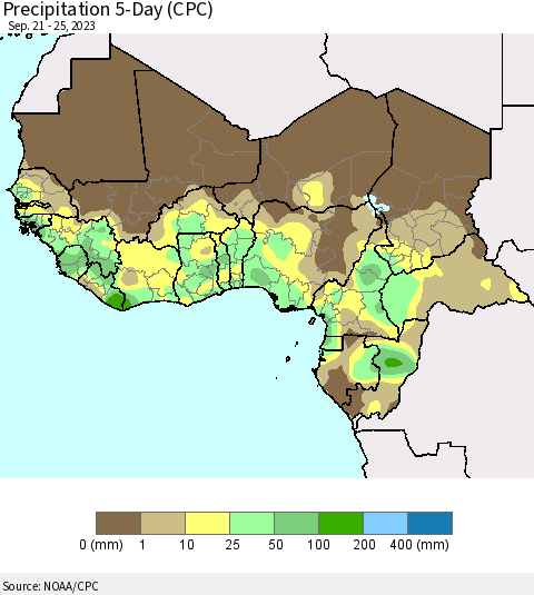 Western Africa Precipitation 5-Day (CPC) Thematic Map For 9/21/2023 - 9/25/2023