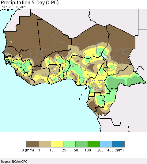 Western Africa Precipitation 5-Day (CPC) Thematic Map For 9/26/2023 - 9/30/2023