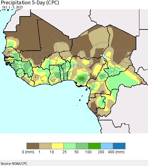 Western Africa Precipitation 5-Day (CPC) Thematic Map For 10/1/2023 - 10/5/2023