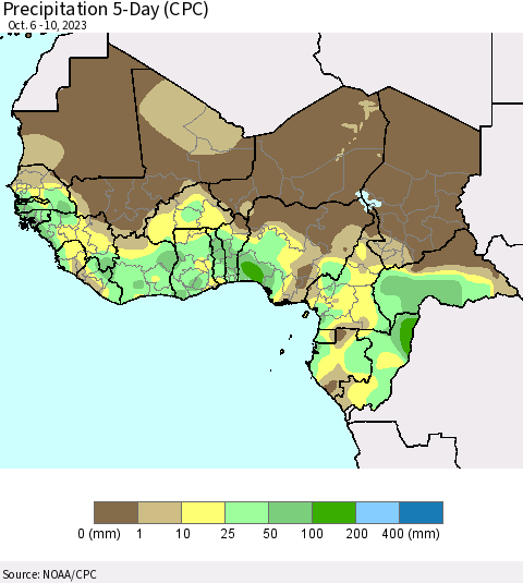 Western Africa Precipitation 5-Day (CPC) Thematic Map For 10/6/2023 - 10/10/2023