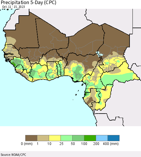 Western Africa Precipitation 5-Day (CPC) Thematic Map For 10/11/2023 - 10/15/2023