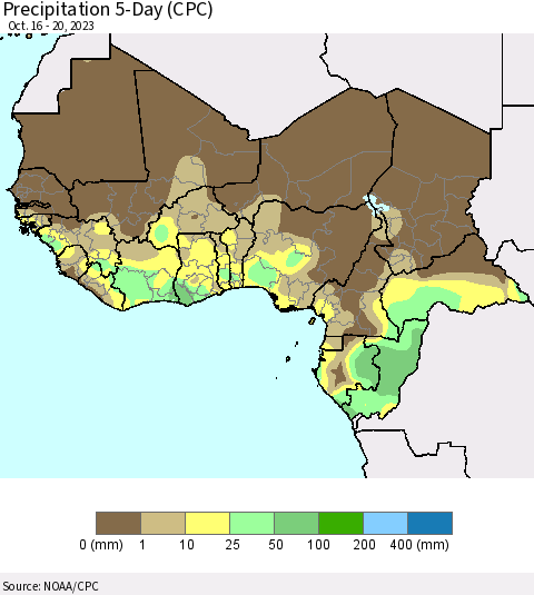 Western Africa Precipitation 5-Day (CPC) Thematic Map For 10/16/2023 - 10/20/2023