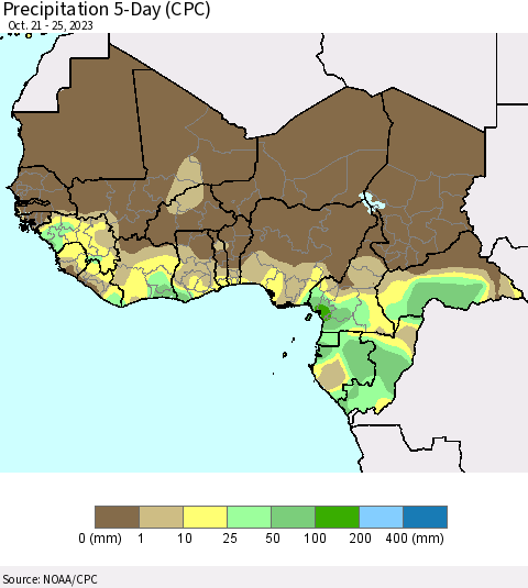 Western Africa Precipitation 5-Day (CPC) Thematic Map For 10/21/2023 - 10/25/2023