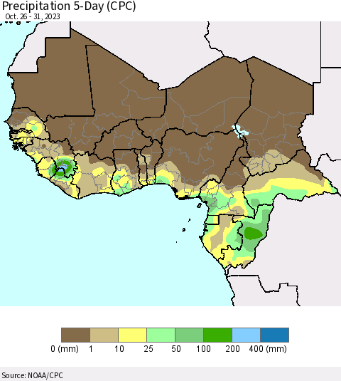 Western Africa Precipitation 5-Day (CPC) Thematic Map For 10/26/2023 - 10/31/2023