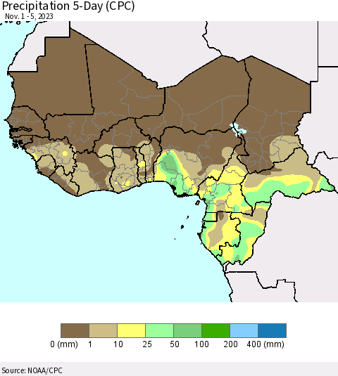 Western Africa Precipitation 5-Day (CPC) Thematic Map For 11/1/2023 - 11/5/2023