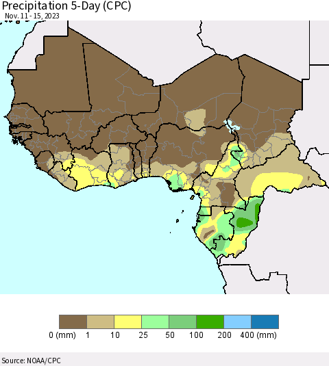 Western Africa Precipitation 5-Day (CPC) Thematic Map For 11/11/2023 - 11/15/2023