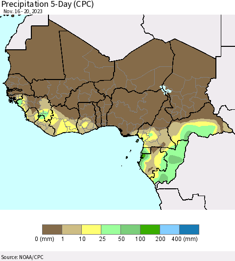Western Africa Precipitation 5-Day (CPC) Thematic Map For 11/16/2023 - 11/20/2023