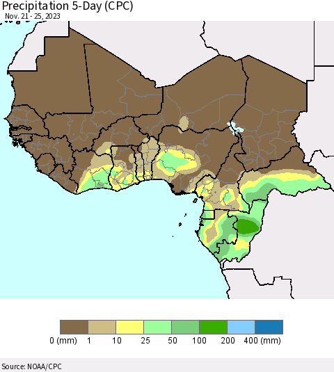 Western Africa Precipitation 5-Day (CPC) Thematic Map For 11/21/2023 - 11/25/2023