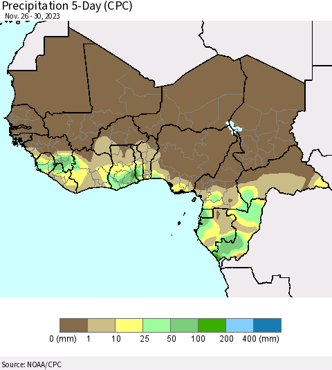 Western Africa Precipitation 5-Day (CPC) Thematic Map For 11/26/2023 - 11/30/2023