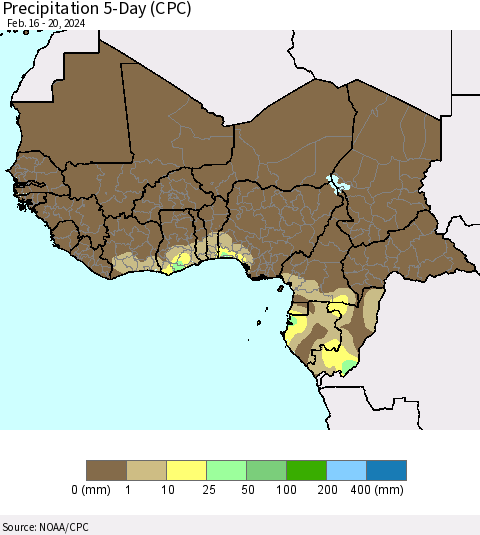 Western Africa Precipitation 5-Day (CPC) Thematic Map For 2/16/2024 - 2/20/2024