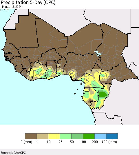 Western Africa Precipitation 5-Day (CPC) Thematic Map For 3/1/2024 - 3/5/2024
