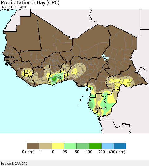 Western Africa Precipitation 5-Day (CPC) Thematic Map For 3/11/2024 - 3/15/2024