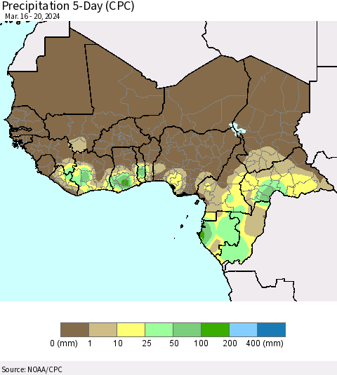 Western Africa Precipitation 5-Day (CPC) Thematic Map For 3/16/2024 - 3/20/2024