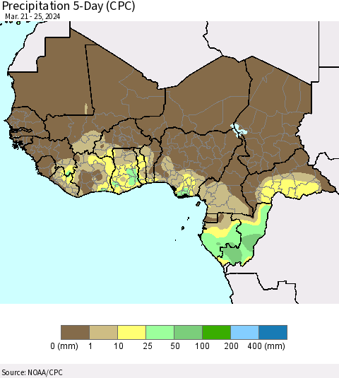 Western Africa Precipitation 5-Day (CPC) Thematic Map For 3/21/2024 - 3/25/2024