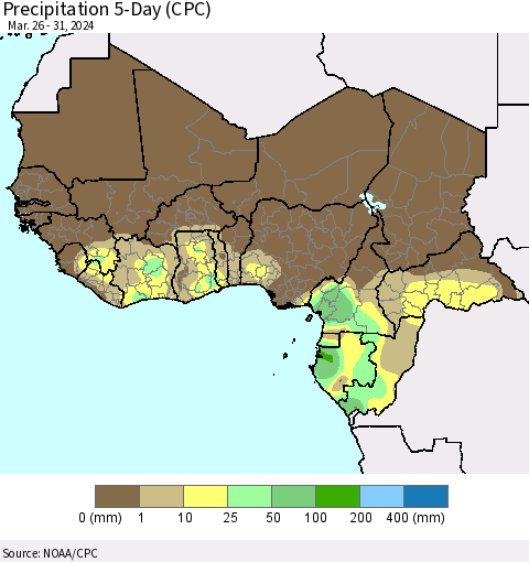 Western Africa Precipitation 5-Day (CPC) Thematic Map For 3/26/2024 - 3/31/2024