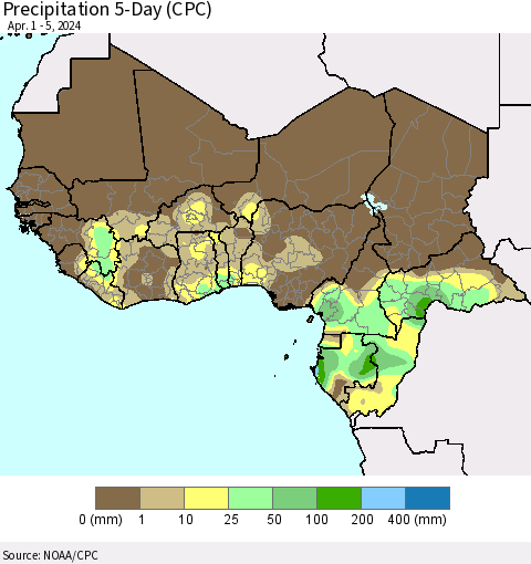 Western Africa Precipitation 5-Day (CPC) Thematic Map For 4/1/2024 - 4/5/2024
