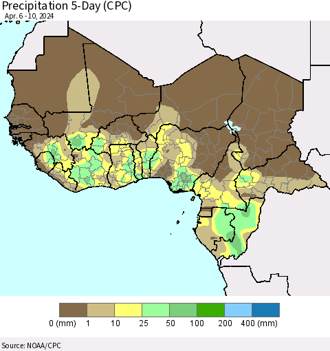 Western Africa Precipitation 5-Day (CPC) Thematic Map For 4/6/2024 - 4/10/2024