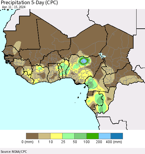 Western Africa Precipitation 5-Day (CPC) Thematic Map For 4/11/2024 - 4/15/2024