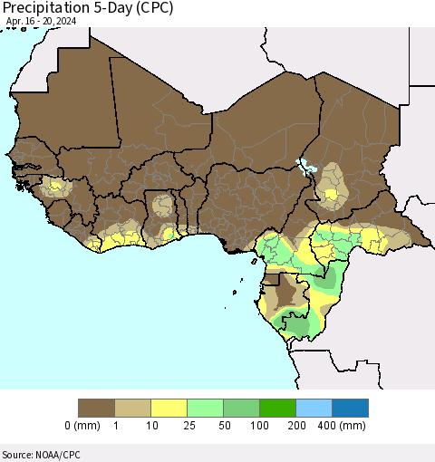 Western Africa Precipitation 5-Day (CPC) Thematic Map For 4/16/2024 - 4/20/2024