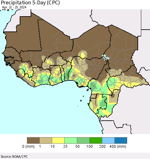 Western Africa Precipitation 5-Day (CPC) Thematic Map For 4/21/2024 - 4/25/2024