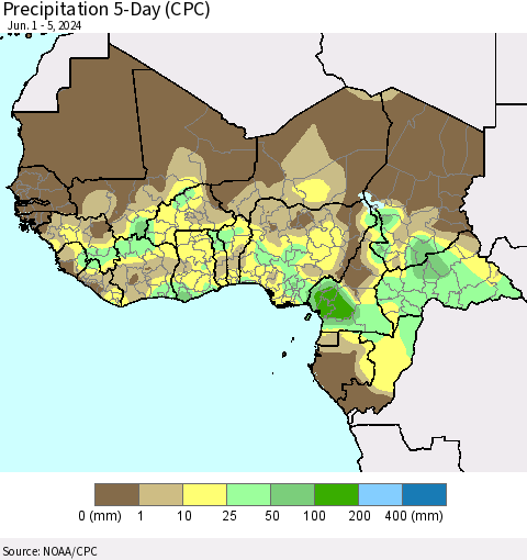 Western Africa Precipitation 5-Day (CPC) Thematic Map For 6/1/2024 - 6/5/2024