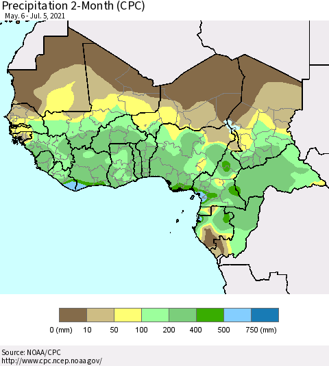 Western Africa Precipitation 2-Month (CPC) Thematic Map For 5/6/2021 - 7/5/2021