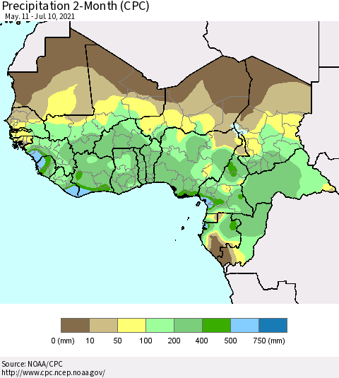 Western Africa Precipitation 2-Month (CPC) Thematic Map For 5/11/2021 - 7/10/2021