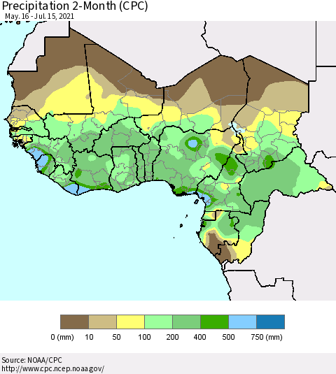 Western Africa Precipitation 2-Month (CPC) Thematic Map For 5/16/2021 - 7/15/2021