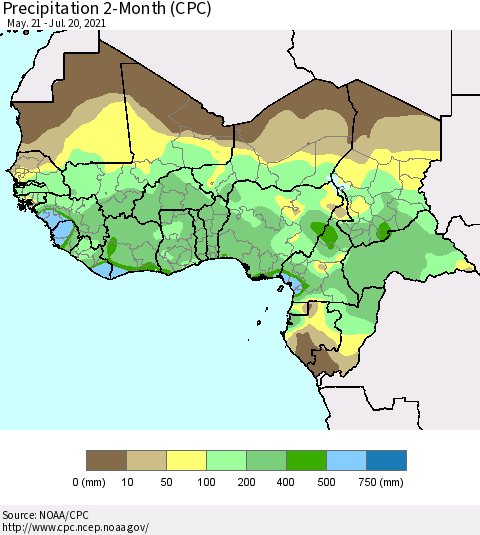 Western Africa Precipitation 2-Month (CPC) Thematic Map For 5/21/2021 - 7/20/2021