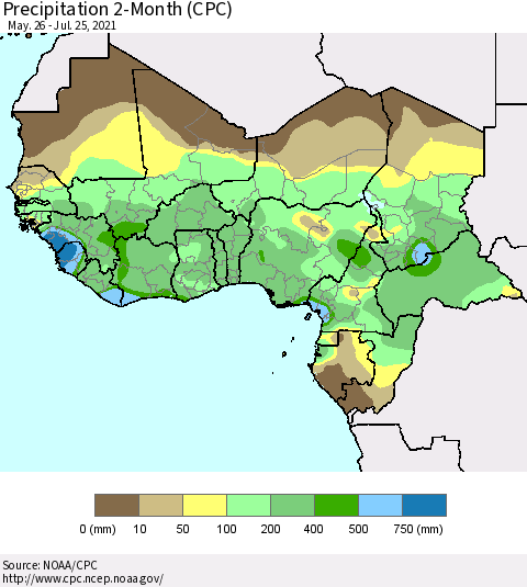 Western Africa Precipitation 2-Month (CPC) Thematic Map For 5/26/2021 - 7/25/2021
