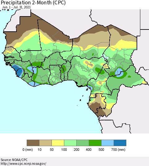 Western Africa Precipitation 2-Month (CPC) Thematic Map For 6/1/2021 - 7/31/2021