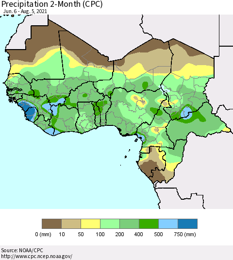 Western Africa Precipitation 2-Month (CPC) Thematic Map For 6/6/2021 - 8/5/2021