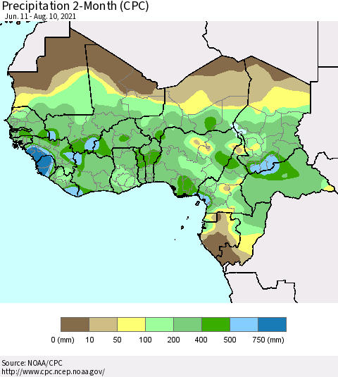 Western Africa Precipitation 2-Month (CPC) Thematic Map For 6/11/2021 - 8/10/2021
