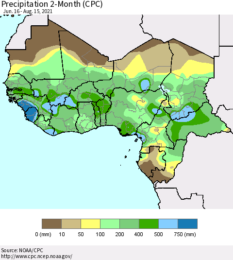 Western Africa Precipitation 2-Month (CPC) Thematic Map For 6/16/2021 - 8/15/2021