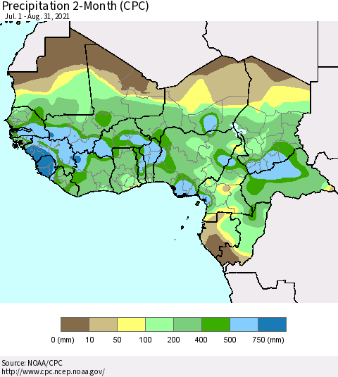 Western Africa Precipitation 2-Month (CPC) Thematic Map For 7/1/2021 - 8/31/2021