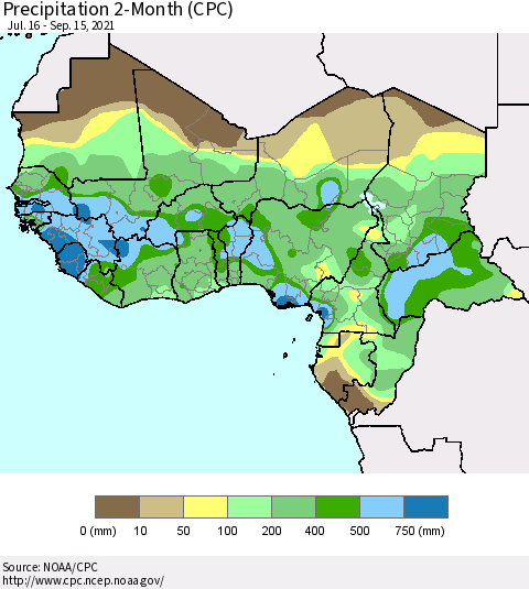 Western Africa Precipitation 2-Month (CPC) Thematic Map For 7/16/2021 - 9/15/2021