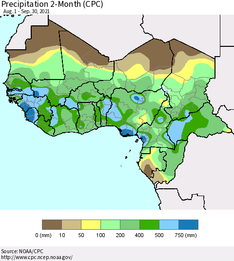 Western Africa Precipitation 2-Month (CPC) Thematic Map For 8/1/2021 - 9/30/2021